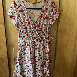 No Boundaries Floral Wrap Mini Dress - Red, Blue, White